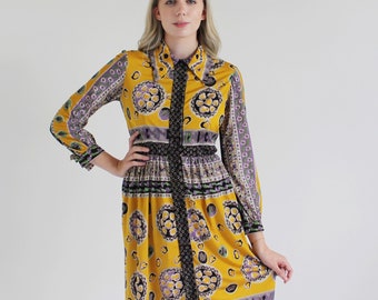 Yellow Psychedelic Shirtdress- M, Groovy 60s Kaleidoscopic Dress