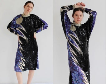 Moonlight Sequin Dress- S/M, Vintage Sequins Blue and Silver ZigZag
