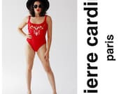 Vintage PIERRE CARDIN Red Swimsuit- One Piece, Bathing Suit, Embroidered, Designer Vintage