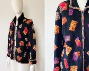 Fuzzy Confetti Knit Cardigan- S/M, Multicolor Mohair Artsy Quirky Sweater e
