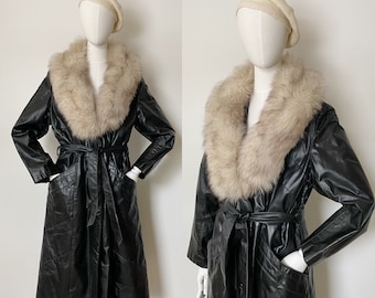 BLACK LEATHER FOX Collar Coat- L, 1970s Vintage Jacket White Fur