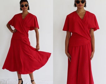 Frank Usher Red & Purple Polka Dot Dress- 4/6, M, Cha-Cha 80s Capelet A