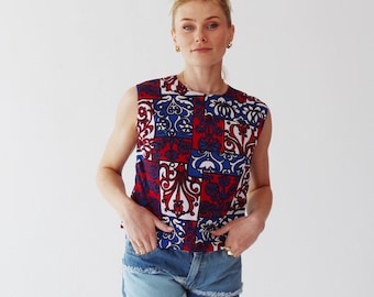 60s Sleeveless Blouse - Red & Blue Palm Royale Tank, Filigree l