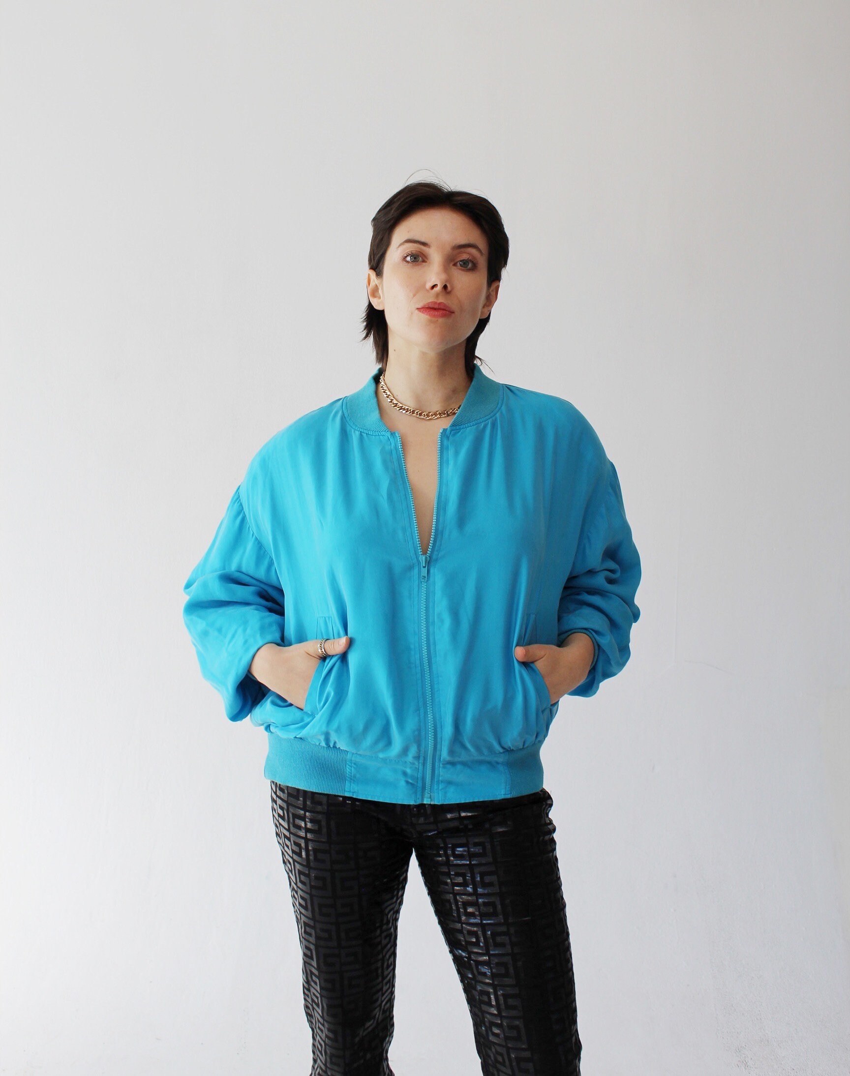 SILK TEAL BOMBER Jacket- Vintage Blue 80s 90s Spring Summer