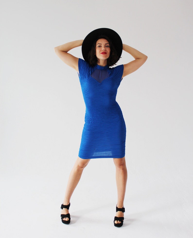 Vintage Electric Blue Dress M Bodycon Illusion Bust Etsy
