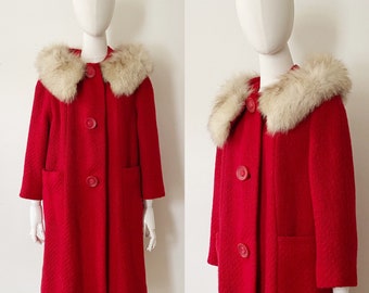 Candy Apple Red Fox Fur Collar Coat- L, 1960s Vintage Swing Coat, Retro Woven Knit Winter Jacket