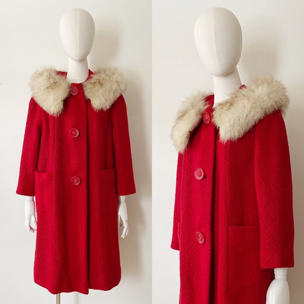 Candy Apple Red Fox Fur Collar Coat- L, 1960s Vintage Swing Coat, Retro Woven Knit Winter Jacket