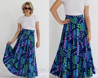 OPTIC ART Maxi Skirt- 27, 70s Vintage Psychedelic Groovy Bell Polka Dot Blue & Purple, Green