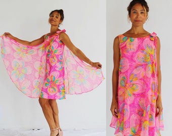 1960s Bubblegum Chiffon Party Dress- M, Vintage Barbie retro cocktail Mad Men Mini