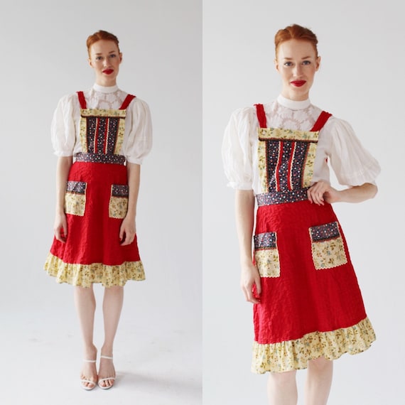Red Calico Patchwork Pinafore- S, Overall Skirt, 7