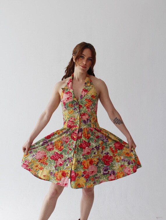 90s halter dress '90s Diane Freis Pink Floral Dress-XS/S/M La Poubelle Vintage Crew neck Marie wears the 90s Halter