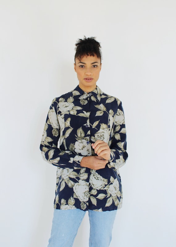 Silk Rose Blouse- S, Navy Blue Olsen Collection Shirt, 90s Vintage Top D
