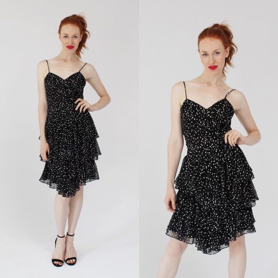 ワンピース [FRECKLE]  dot ruffle dress with corsage Polka Dot Ruffle Dress- S, Vintage Corset Back Lace up 80s