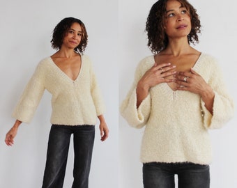 FUZZY CREAM SWEATER- Bell Sleeve Curly Chunky Mohair Wool Pullover, Hand Knit