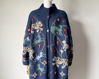 DANCING TIGERS CARDIGAN- Vintage Novelty Knit Animal Fantasy Shetland Wool Xl Large