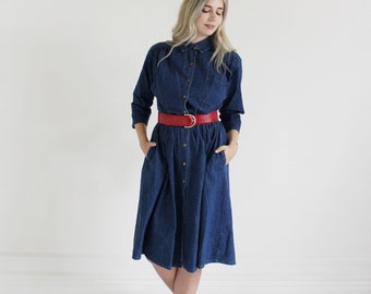 Robe en jean des années 70- M/L, poches, robe chemise au délavage foncé californien aléatoire, style western bohème