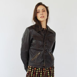 BLOUSON EN CUIR MARRON - Flyer moto des années 1970 chocolat boutonné manteau rockabilly motards petit moyen