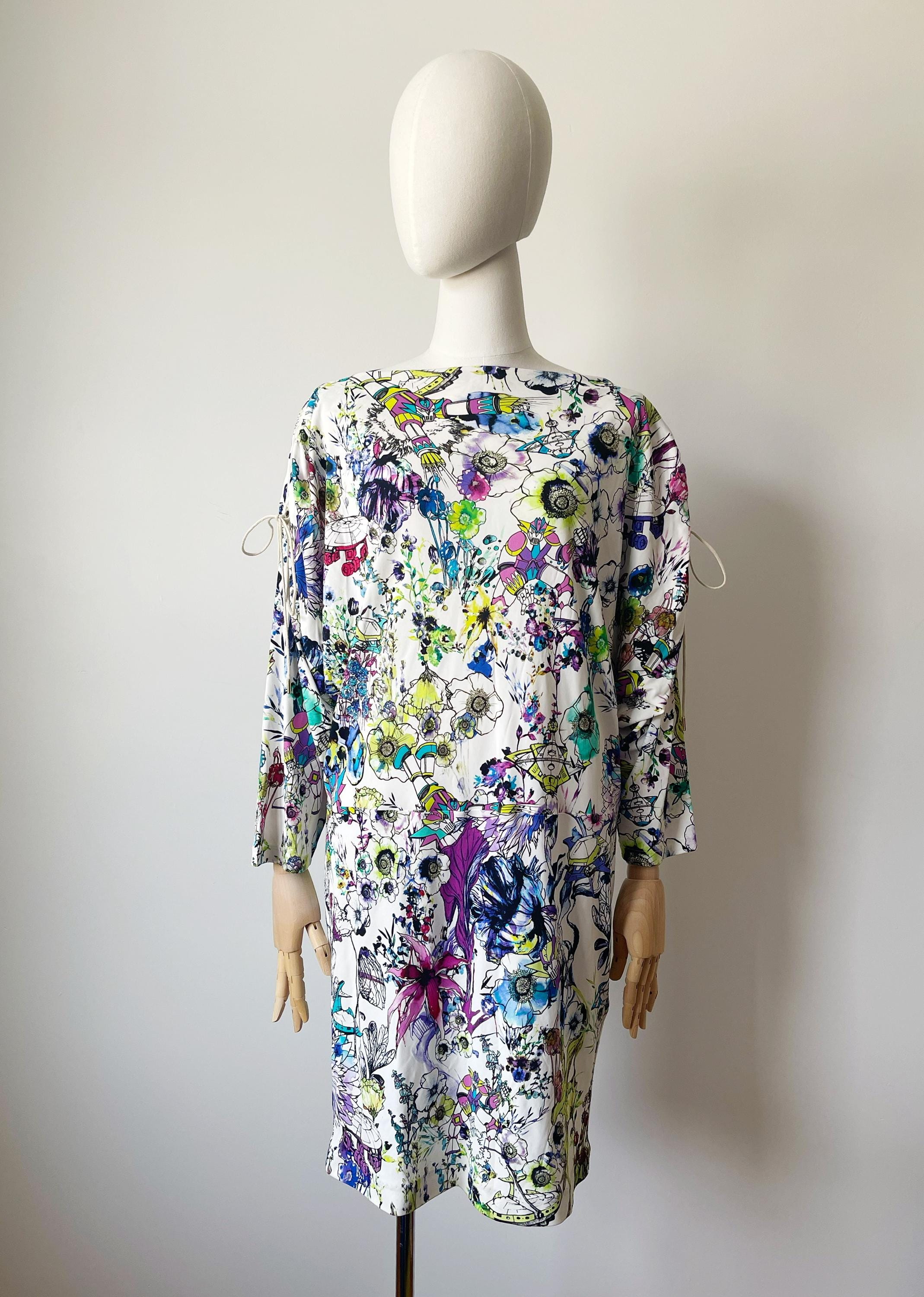 Roberto Cavalli Floral Robot Mini Dress – Batwing Sleeve, Stretch