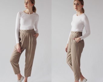 High Waist Taupe Pants- Rinestone Belt, 80s cropped Vintage Trousers 1