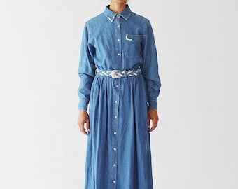 VESTIDO VAQUERO OCCIDENTAL - Vintage 90s Manga larga Suroeste Desierto Chambray Suelto Casual o