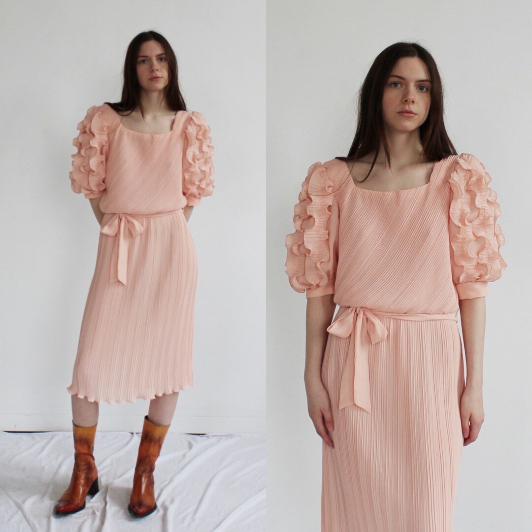 Ruffle Maxi Long Sleeve Pleats Pink (S)
