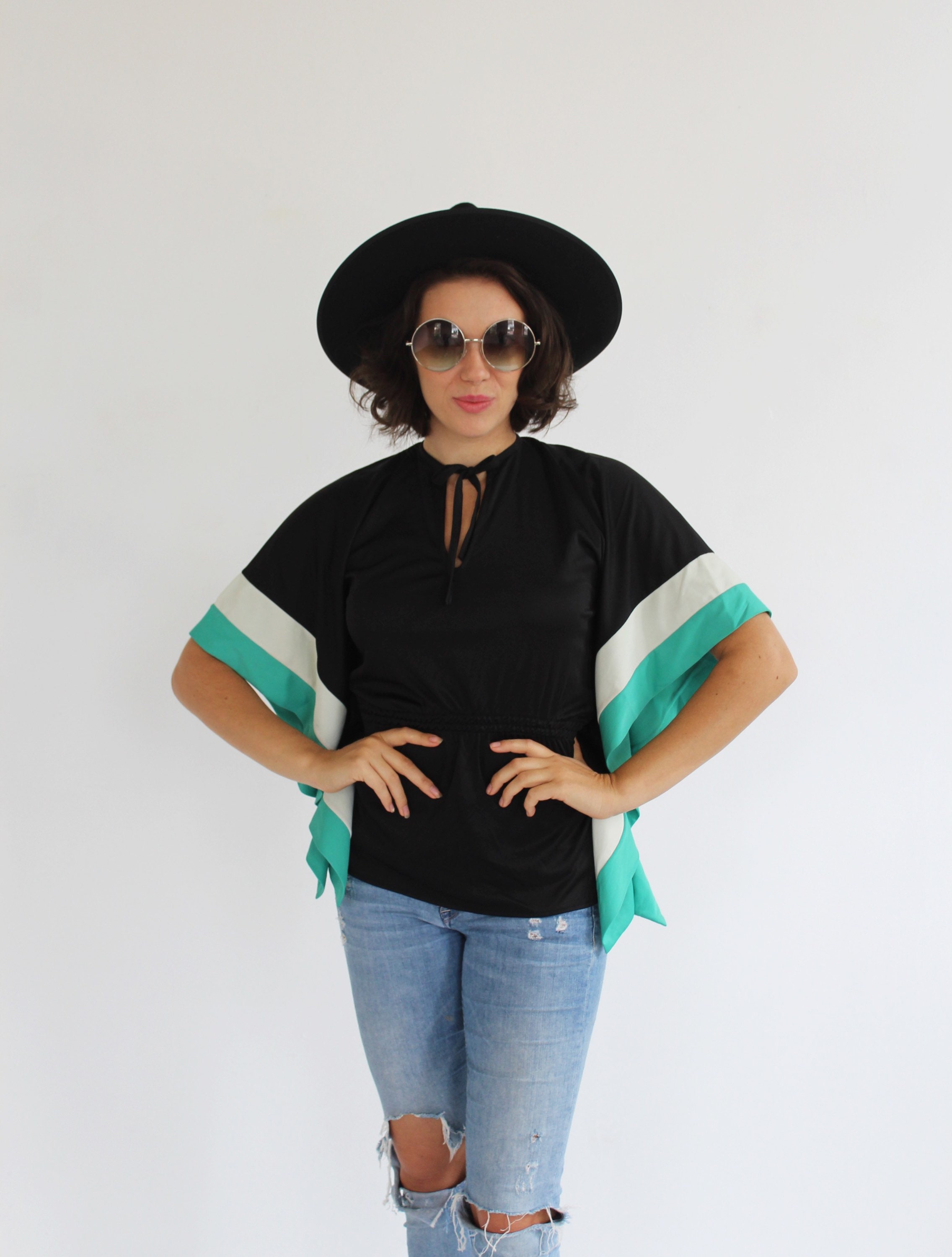 70s Green Striped Poncho Top- M, Vintage Boho White Black