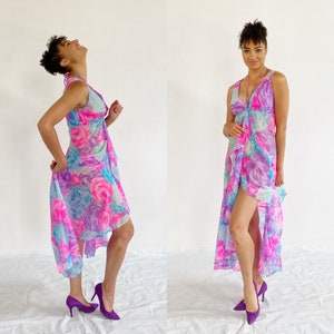 Neon Ruffle Nightie Slip Dress- M, 60s Pool Party Teal Blue, Fuschia Pink  4