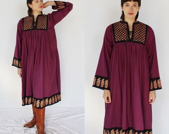 Indian Cotton Gauzy Tent Trapeze Dress- M, Loose Baggy 70s Vintage Boho Hippie