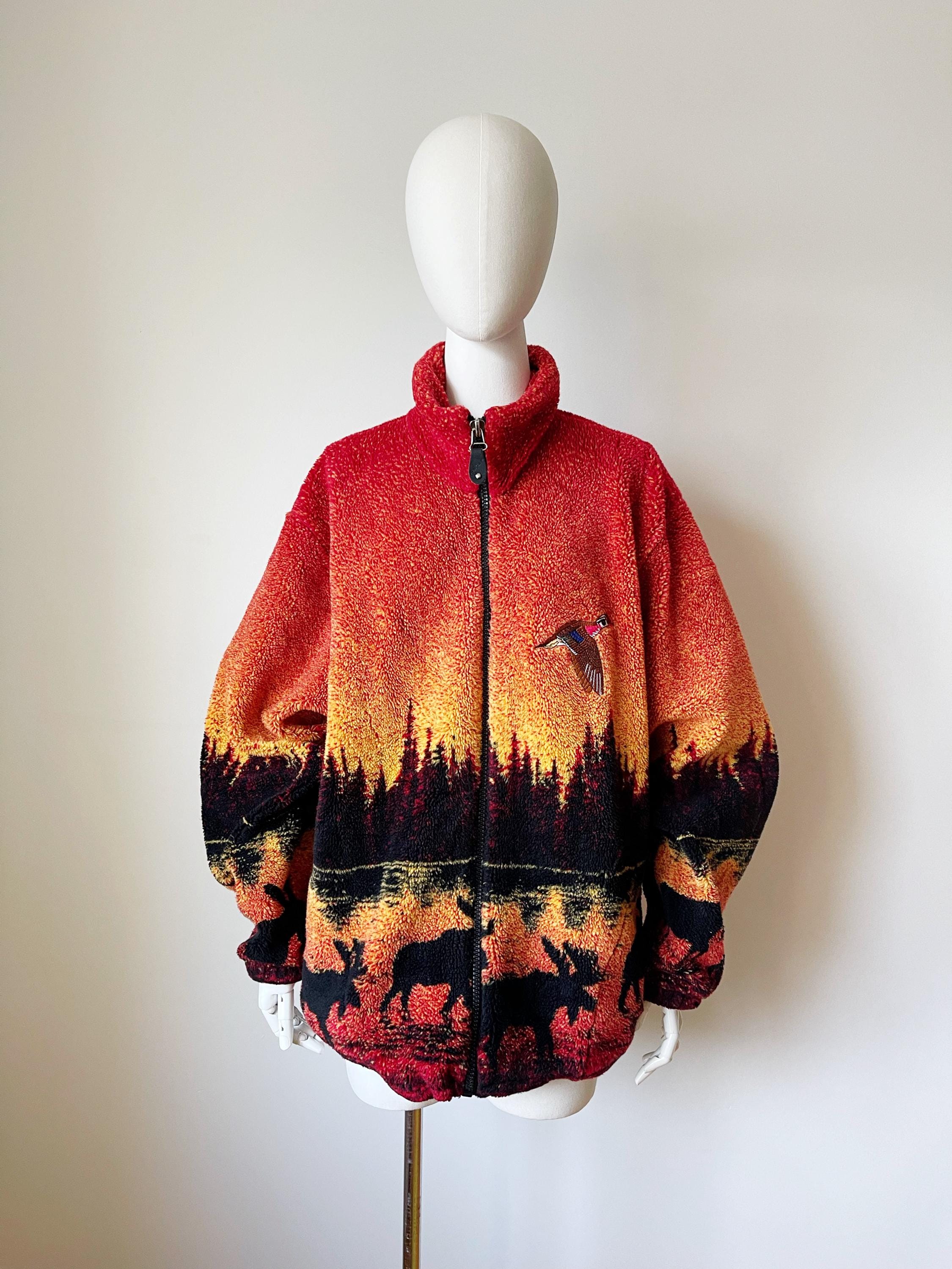 FUZZY FLEECE JACKET- Vintage Embroidered Duck Ombre Sunset Nature