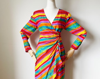TĘCZOWA SUKIENKA Z JEDWABIU - Vintage Albert Nipon Wrap Bold Statement 8 Medium i