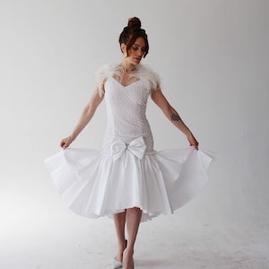 WHITE FEATHER DRESS- 1980s Vintage Bridal Glam Rock Stretch Bodycon Huge Bow Figure Skating Prom Dress Wedding