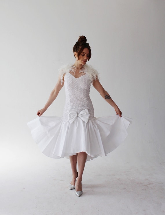 white feather bodycon dress 1980s – Vintage Glam Rock Bodycon, Rhinestone Bow please hand wash this swatches-allspice-beaded-maxi-dress mother of the groom Size:US 38 Regular / EU 48 Regular