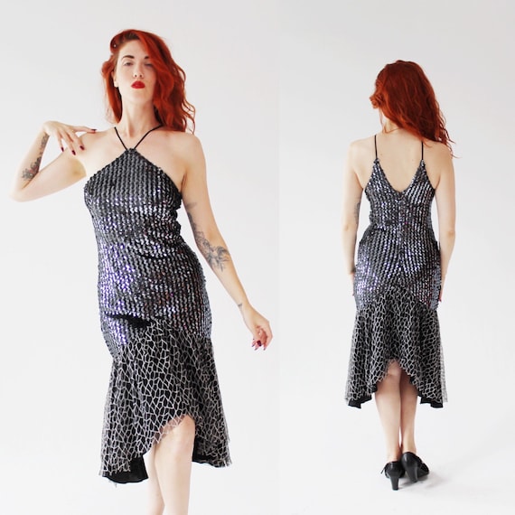 VIntage Metallic Silver Sequin Dress- M, Disco Par