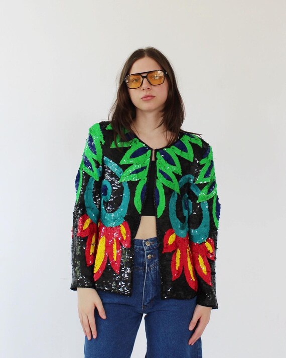 NEON SEQUIN JACKET- Allover Vintage 90s Blazer Green Blue Sparkly