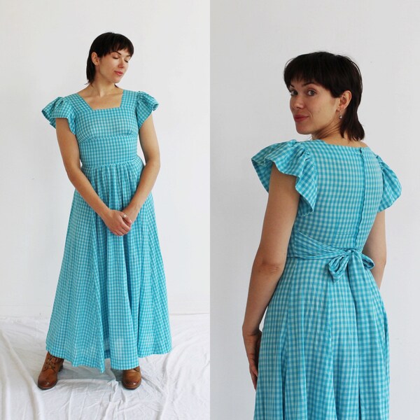 Teal Gingham Picnic Dress- S, 70s Petite Vintage Maxi, Boho Cottagecore Flutter Sleeve