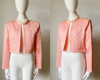 WAYNE CLARK COUTURE Blazer corto smerlato - Giacca da letto ricamata in raso rosa, vintage di design canadese degli anni '80