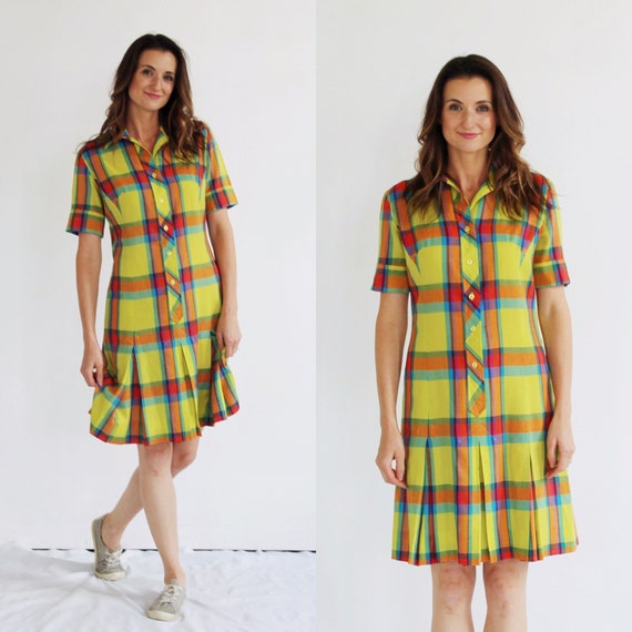 60s Mod Yellow Plaid Dress- S/M, Multicolor Tartan