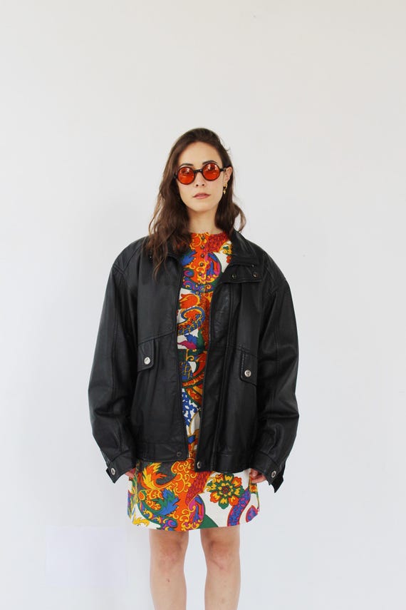 Leather Bomber Jacket Vintage 90s Black Coat Fall Boxy Loose Oversized Biker O - Etsy Leather Bomber Jacket Vintage 90s Black Coat Fall Boxy Loose Oversized Biker O - Etsy