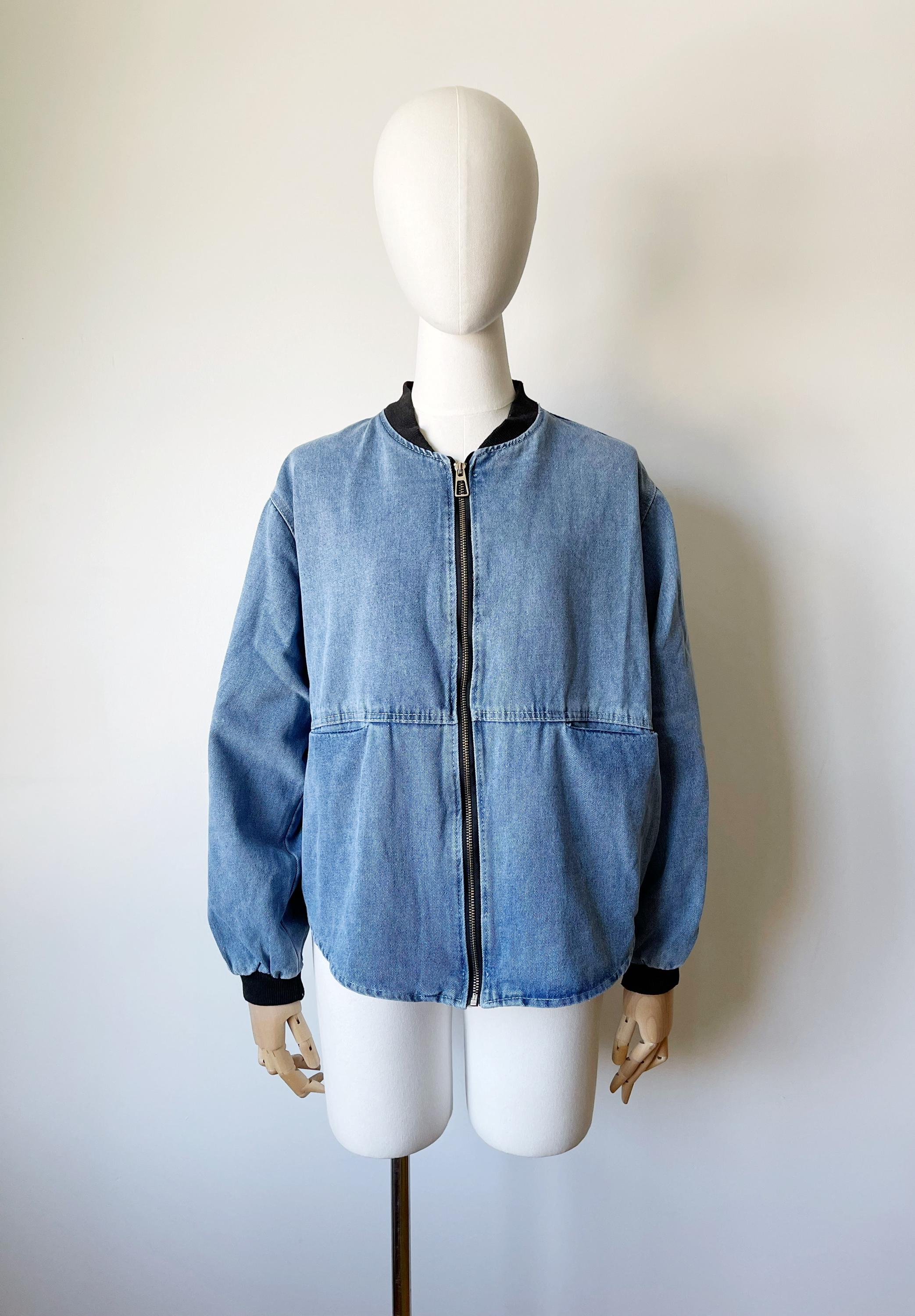 90s DENIM BOMBER JACKET- Vintage Jean Shacket, Large Unisex 