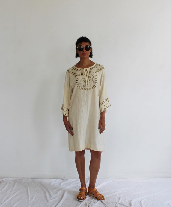 Gold & Beige Cotton Tunic- L, Womens Vintage, Min… - image 4