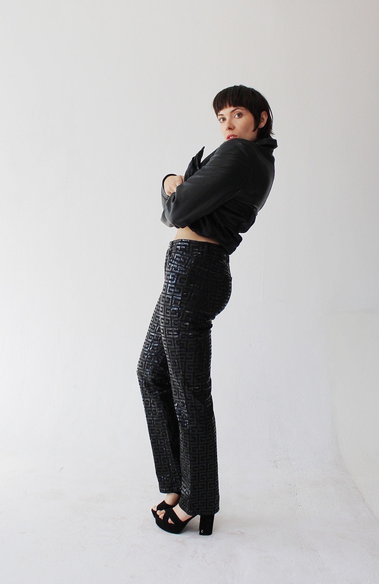 GUESS SHINY JEANS- Black Glossy Wetlook Embossed Metallic
