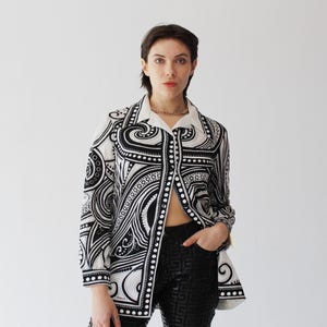 MR. DINO SHIRT- Black & White Collar Blouse, Swirling Psychedelic Groovy Polyester Deadstock Vintage 1960s 70s o