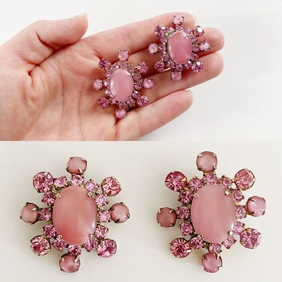 Blush Pink Rhinestone Starburst Earrings- Vintage… - image 2