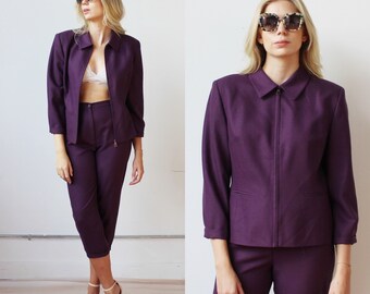 BYBLOS Purple Shimmer Suit- Capri High Waist Pants, 90s Designer Vintage, Womens 2 Piece Set