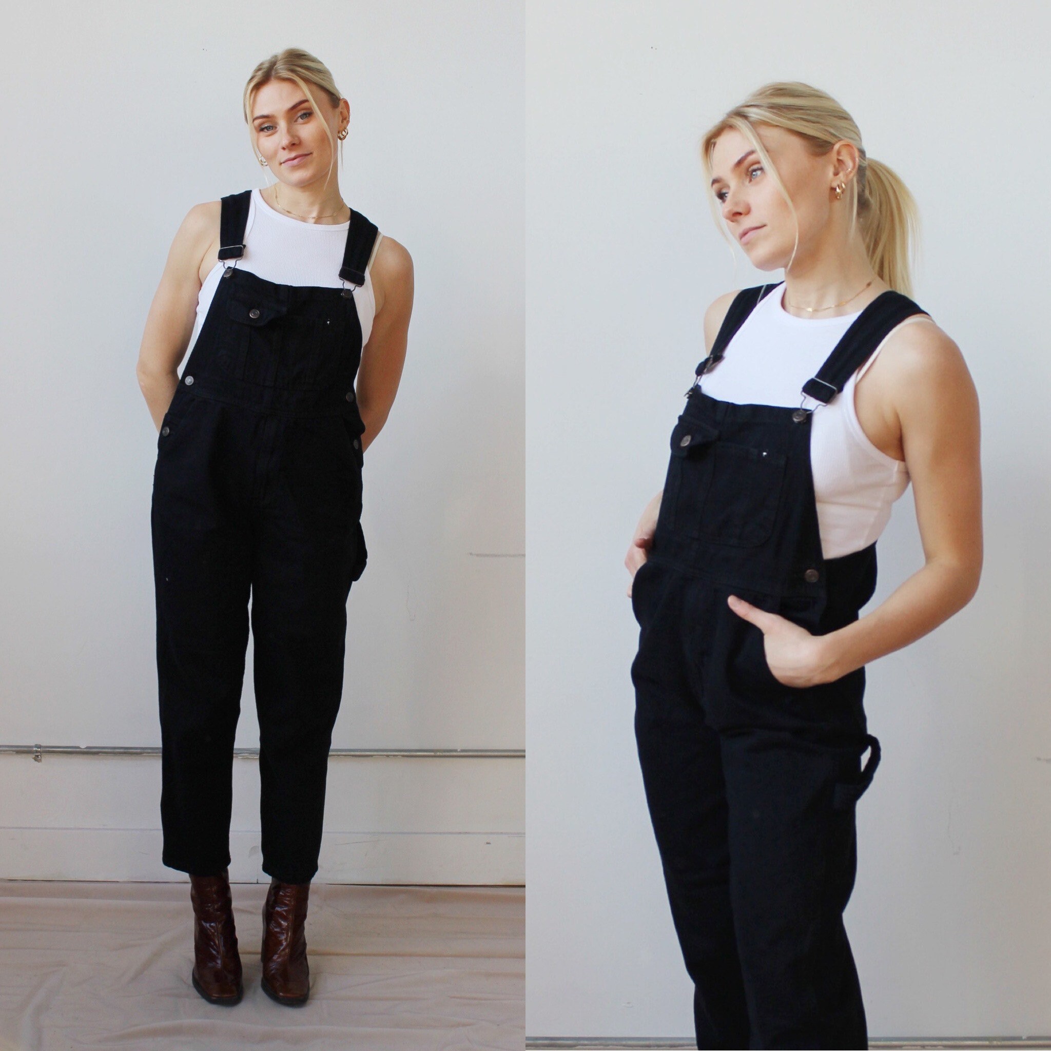 90s Black Denim Overalls XS/S Long Leg 