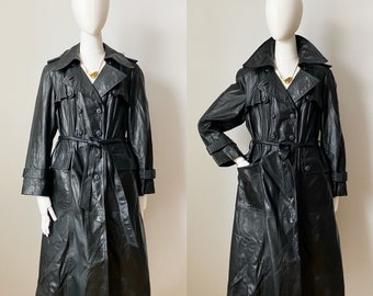 70s BLACK LEATHER TRENCH- Trenchcoat, Womens Pointy collar Fall Winter