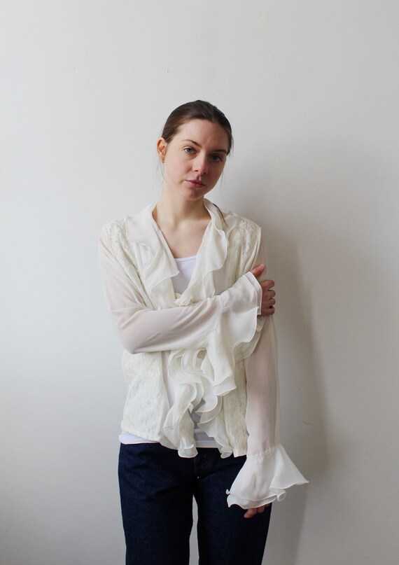 White Sheer Ruffle Blouse- S/M, Gauzy Ethereal Romantic Bell White Sheer Ruffle Blouse- S/M, Gauzy Ethereal Romantic Bell