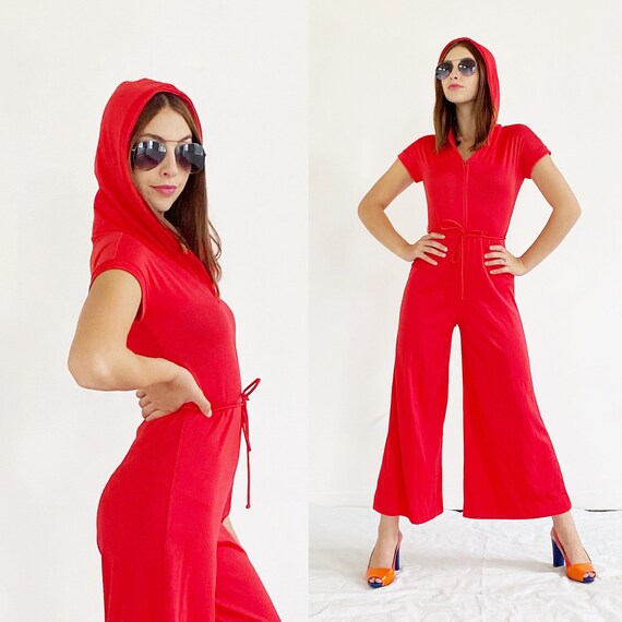 Red Wideleg Jumpsuit- S, 1970s Palazzo Hood Romper