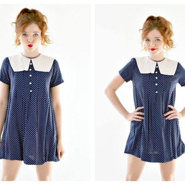 RESERVED FOR STEFFI Big Collar Navy Polka Dot Mini Dress- S, 70s Cute Retro Cheeky Short Cotton Summer Dress, Tent Dress