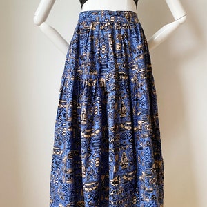 TIKI SNAKE SKIRT- High Waist Blue Retro Pinup Vacation Aztec Inca Novelty Print Midi g